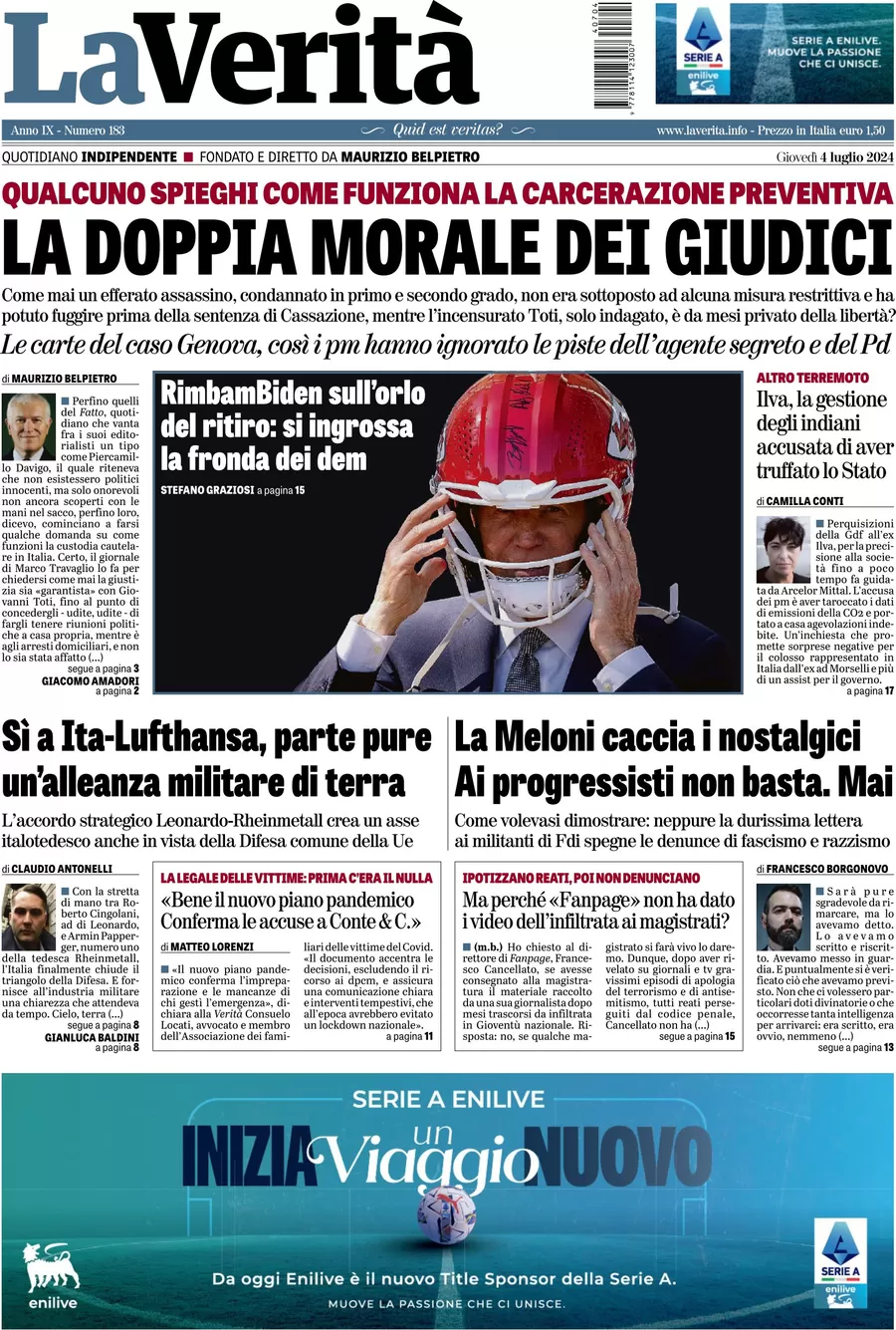 anteprima della prima pagina di la-verit del 04/07/2024