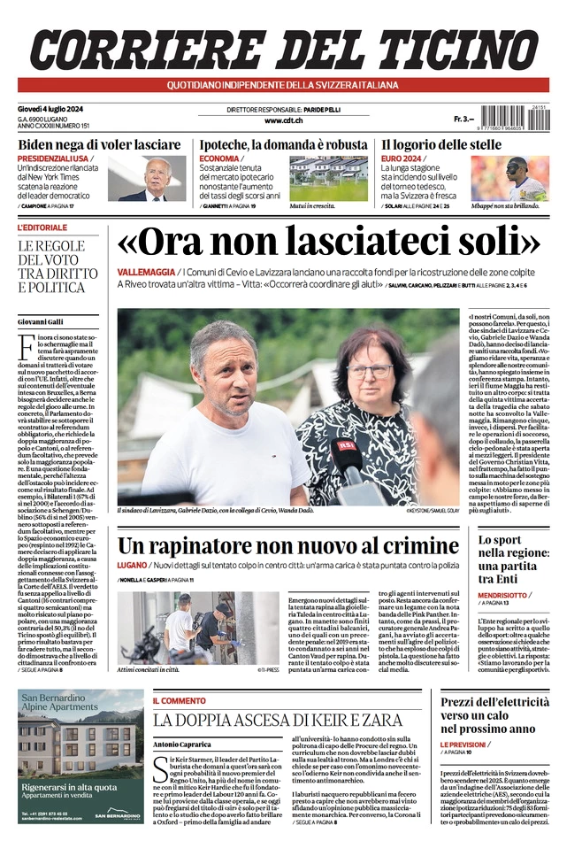 anteprima della prima pagina di corriere-del-ticino del 04/07/2024