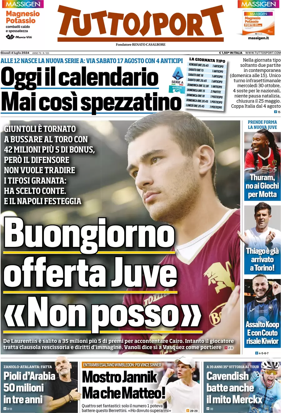 anteprima della prima pagina di tuttosport del 04/07/2024