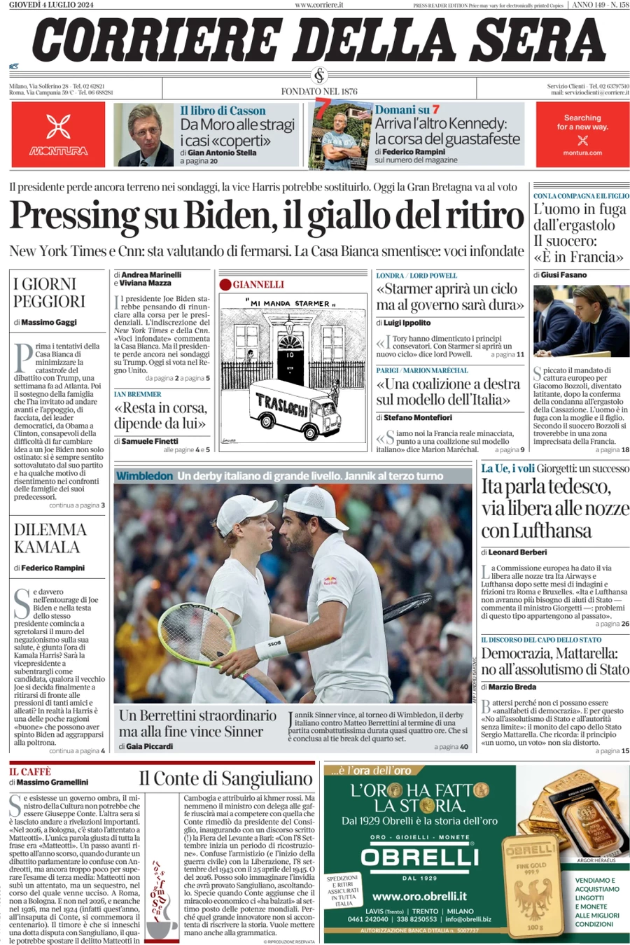 anteprima della prima pagina di corriere-della-sera del 04/07/2024