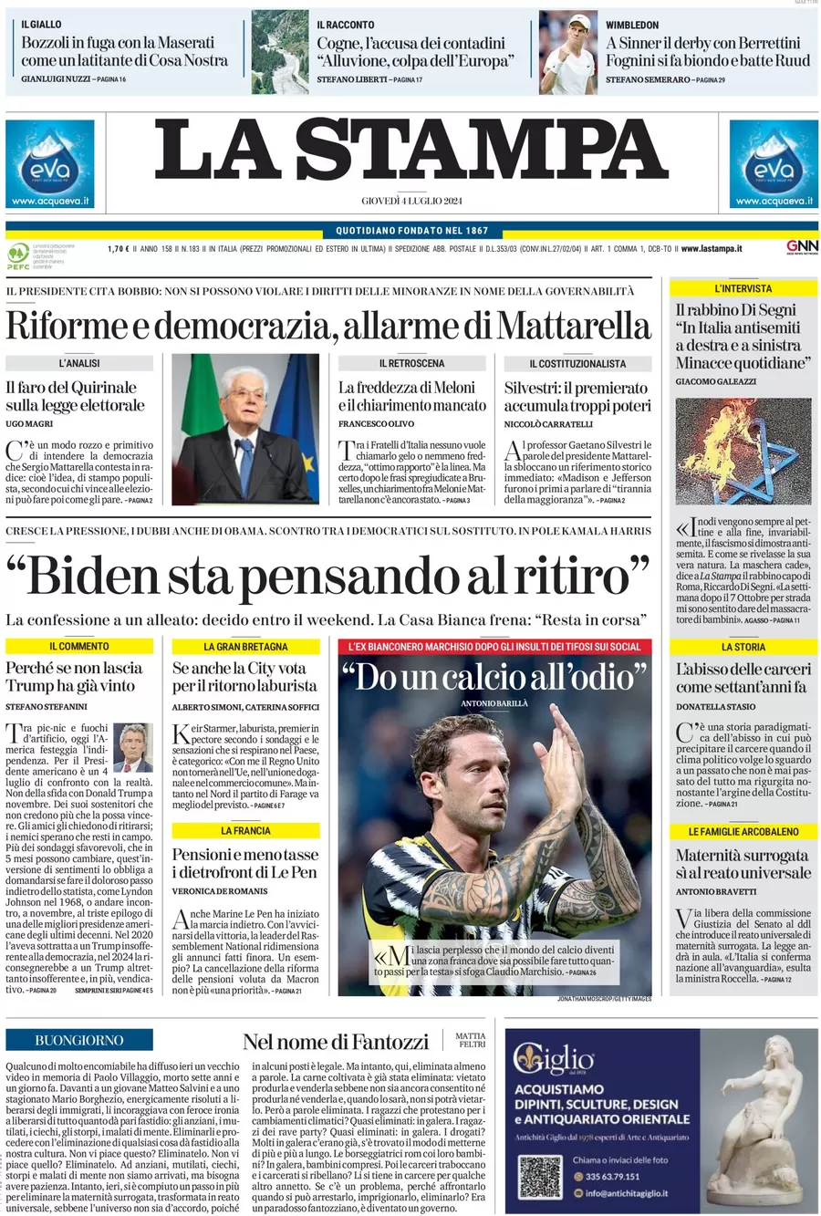 anteprima della prima pagina di la-stampa del 04/07/2024