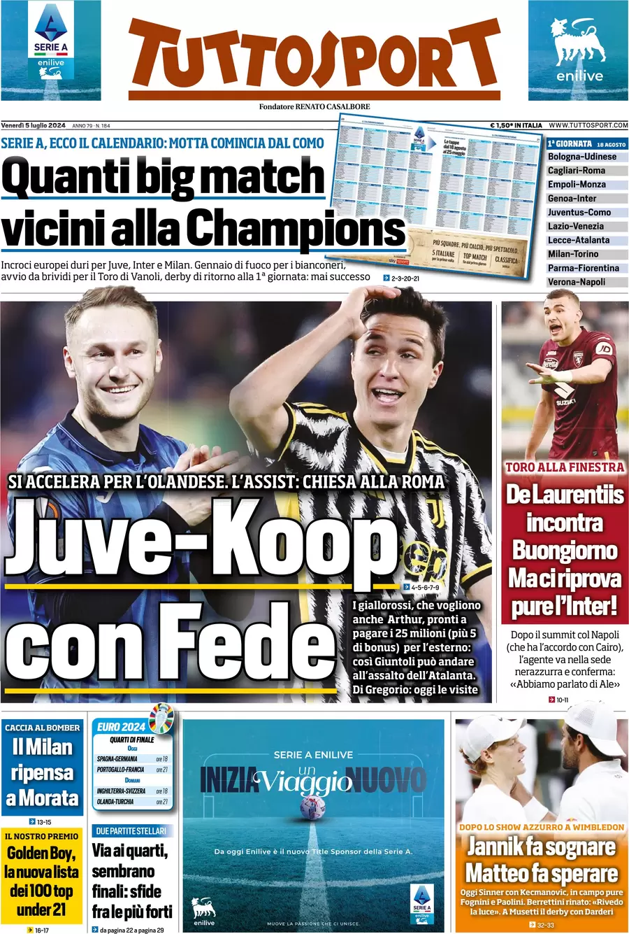 anteprima della prima pagina di tuttosport del 05/07/2024