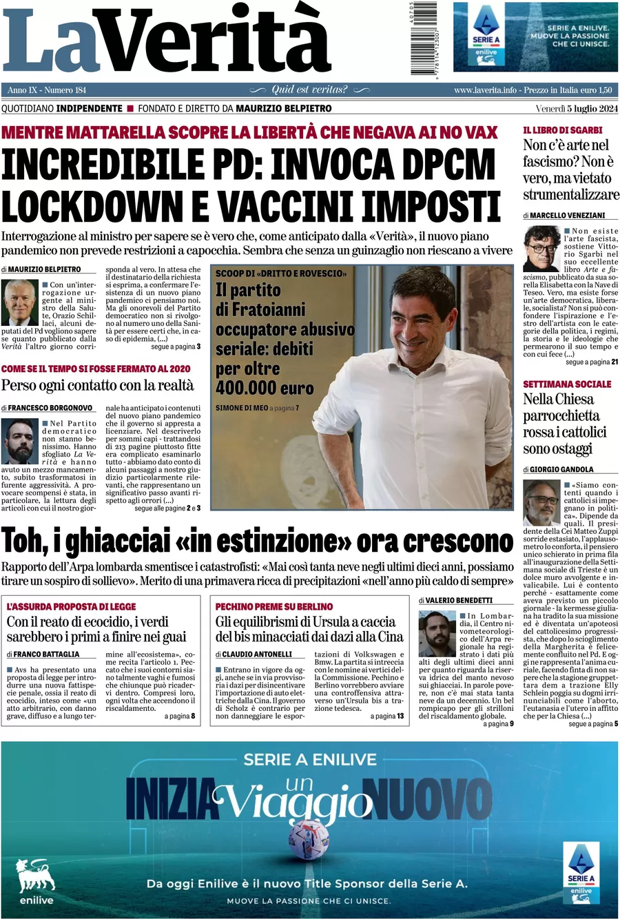 anteprima della prima pagina di la-verit del 05/07/2024