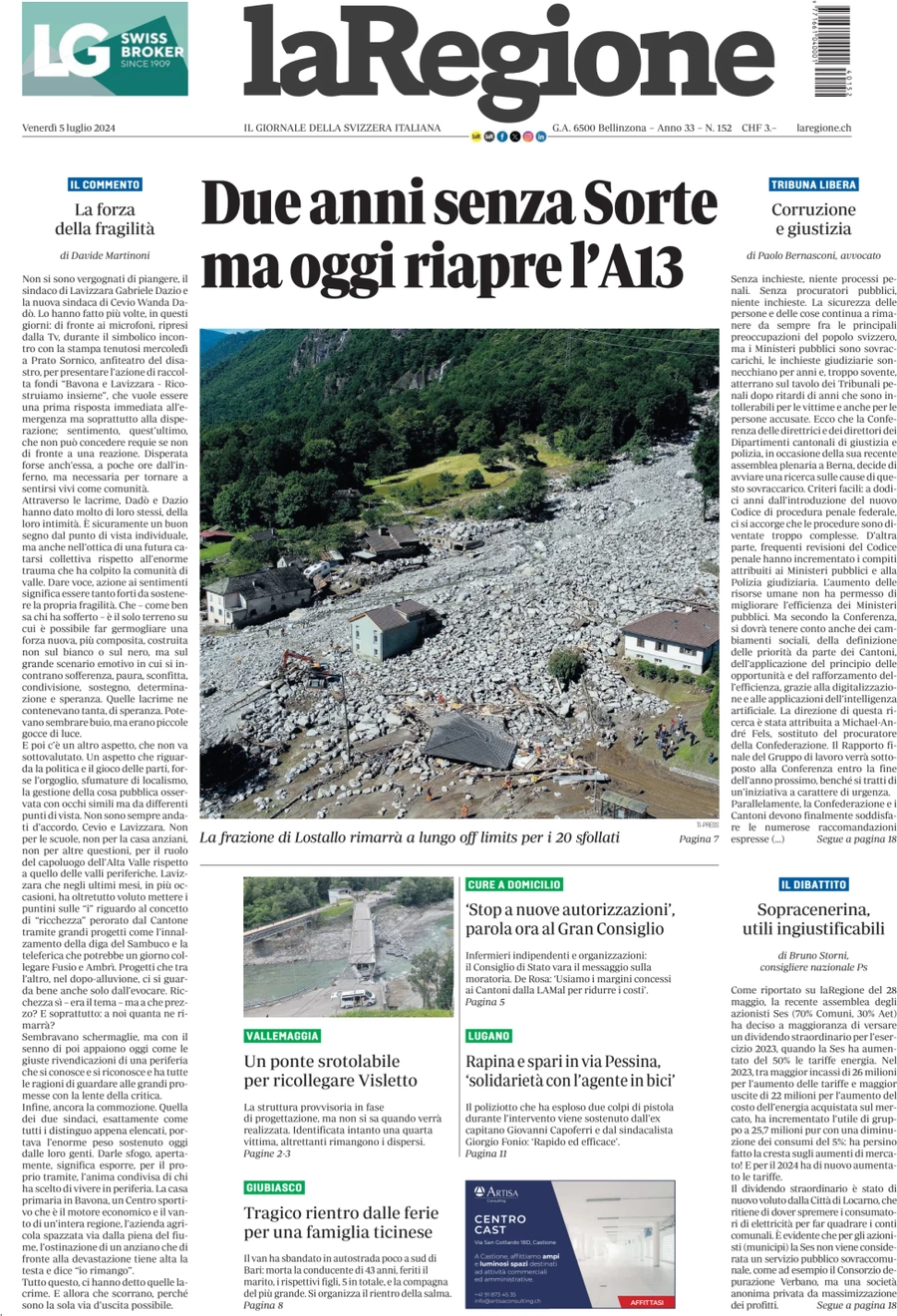 anteprima della prima pagina di la-regione del 05/07/2024
