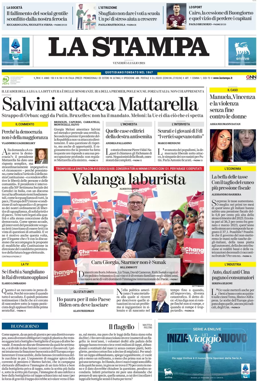 anteprima della prima pagina di la-stampa del 05/07/2024