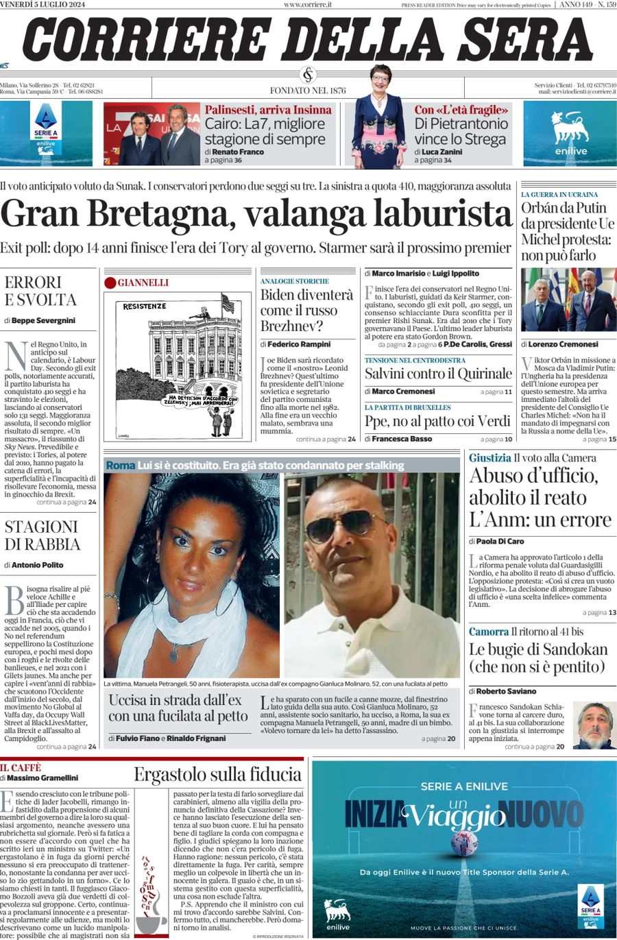 anteprima della prima pagina di corriere-della-sera del 05/07/2024