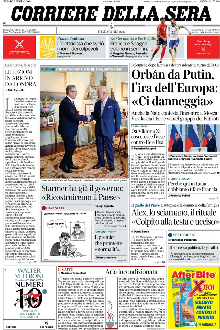 anteprima della prima pagina di corriere-della-sera del 06/07/2024