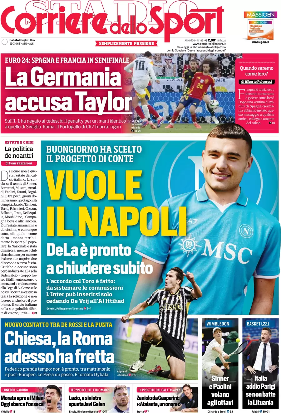 anteprima della prima pagina di corriere-dello-sport del 06/07/2024