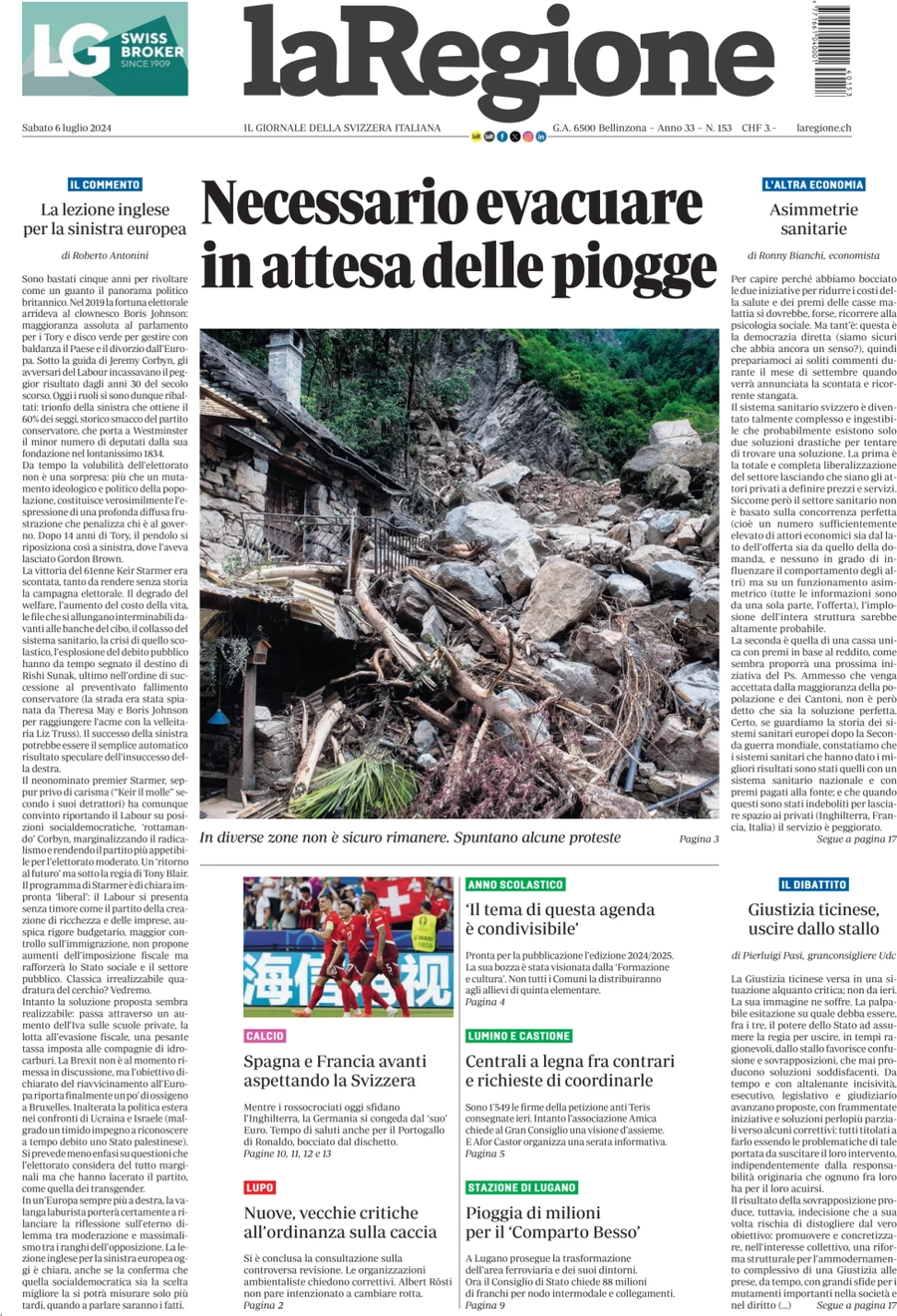 anteprima della prima pagina di la-regione del 06/07/2024