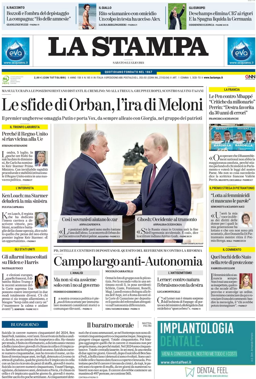 anteprima della prima pagina di la-stampa del 06/07/2024