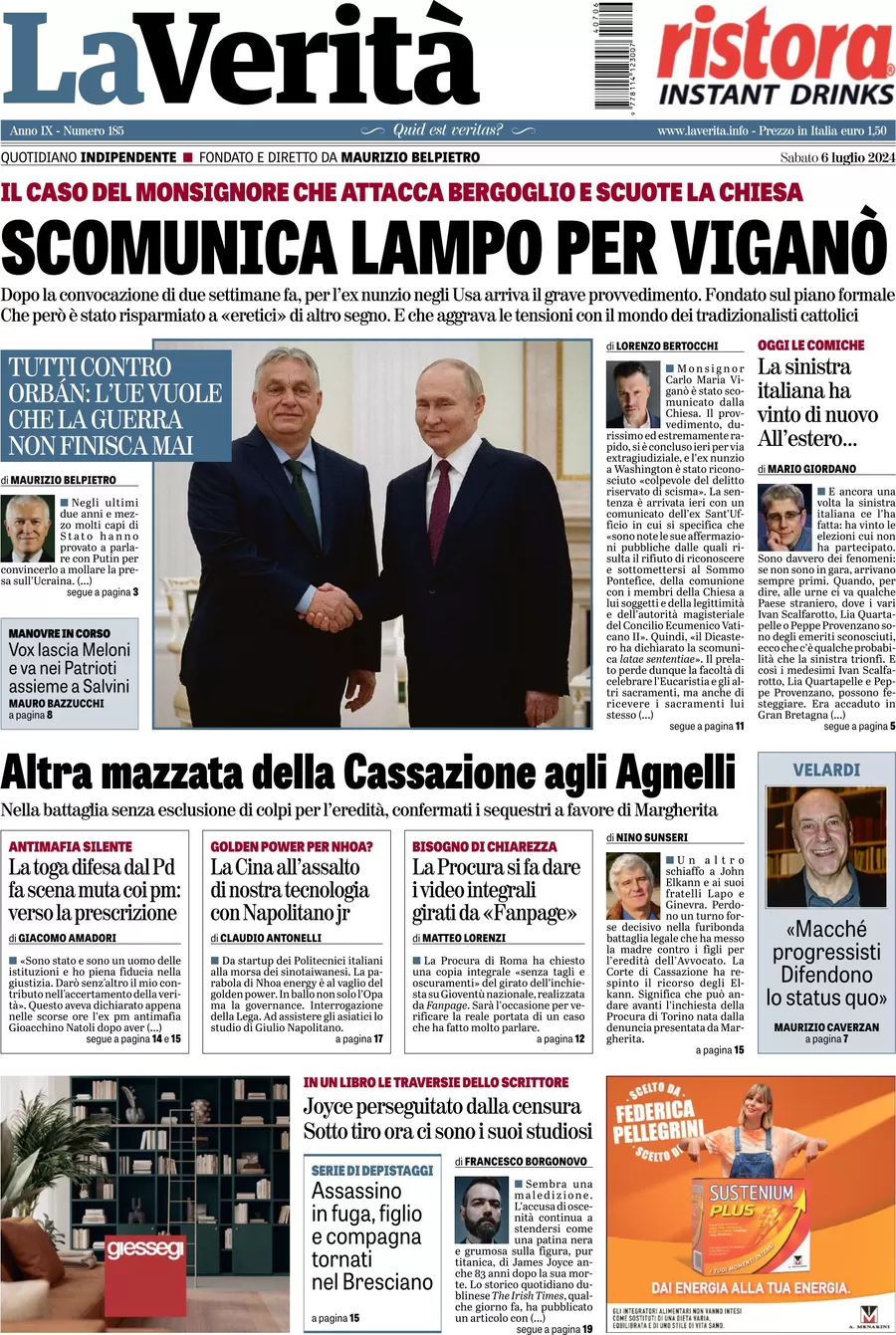 anteprima della prima pagina di la-verit del 06/07/2024