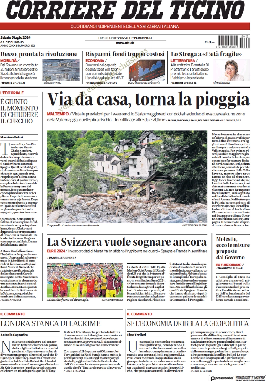 anteprima della prima pagina di corriere-del-ticino del 06/07/2024