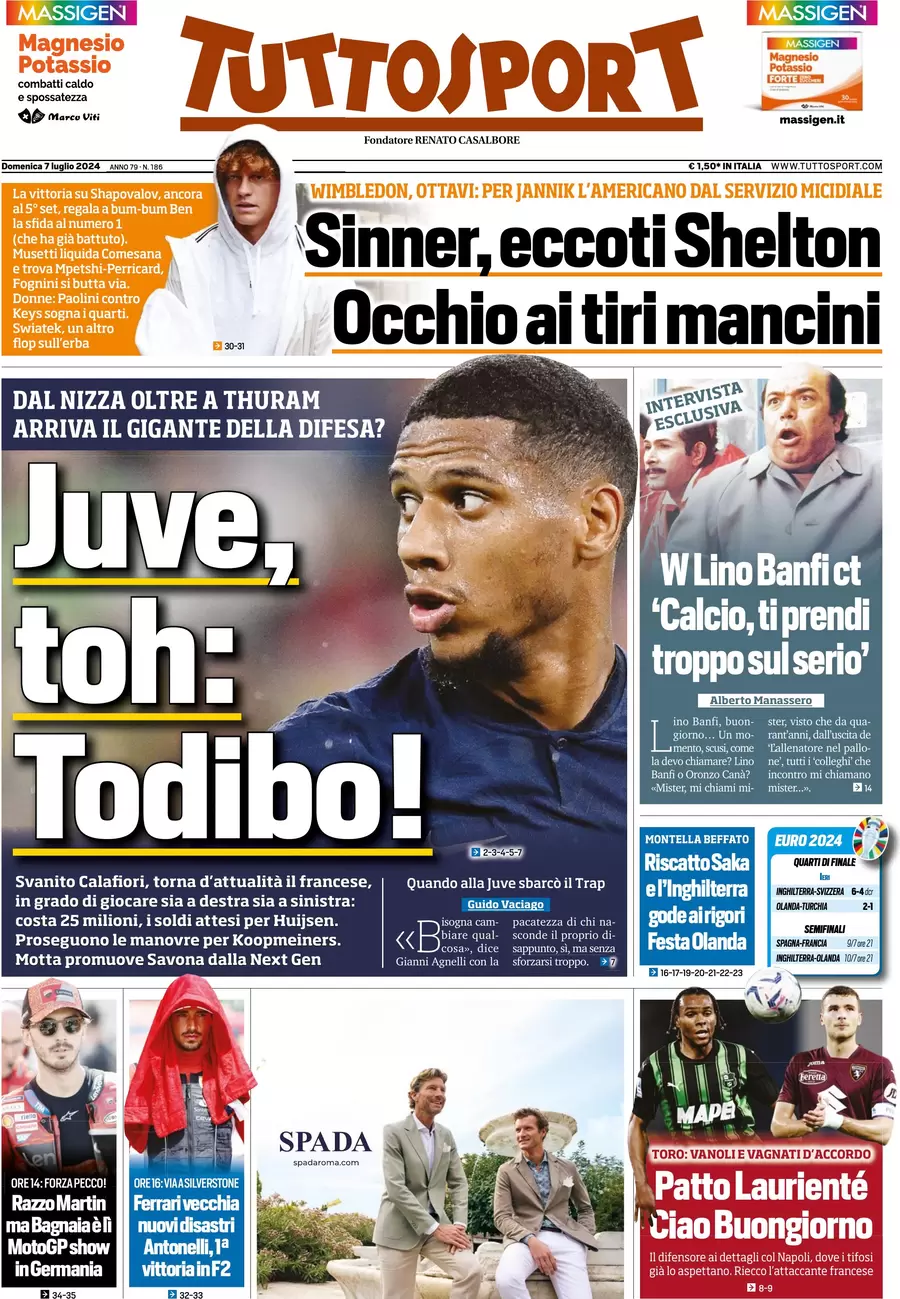 anteprima della prima pagina di tuttosport del 07/07/2024