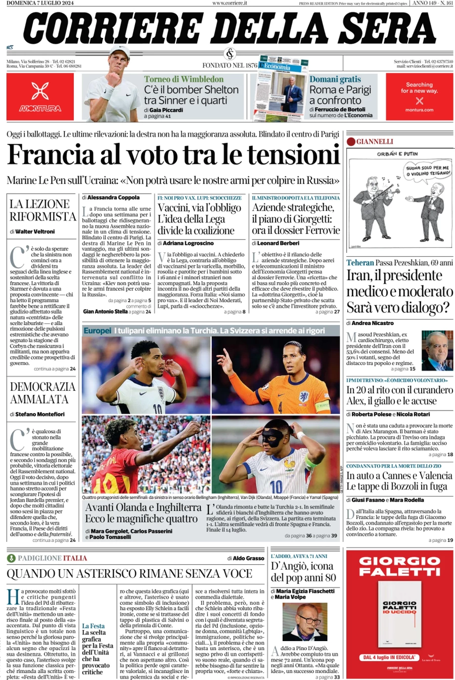 anteprima della prima pagina di corriere-della-sera del 07/07/2024