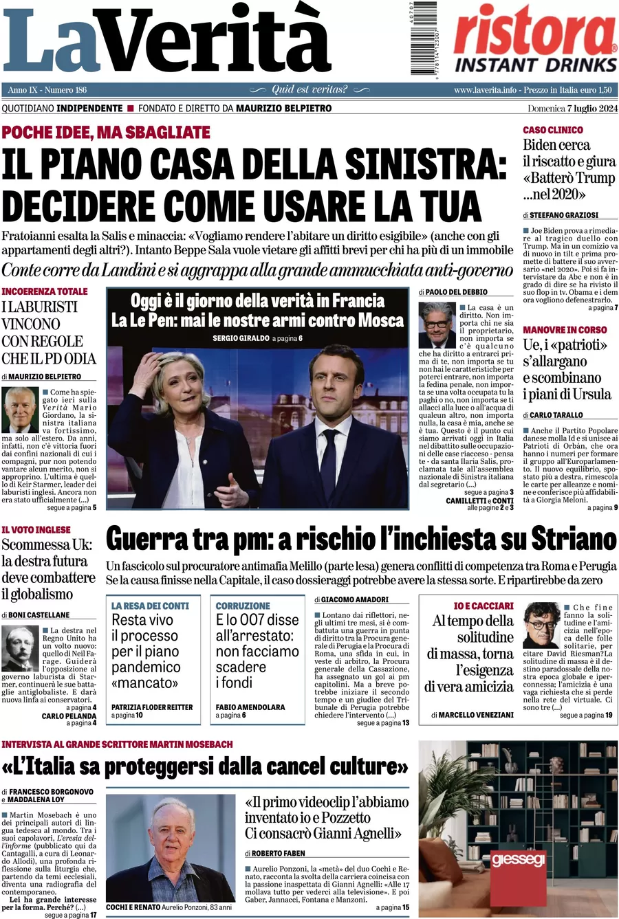 anteprima della prima pagina di la-verit del 07/07/2024