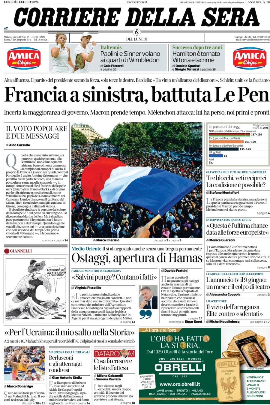 anteprima della prima pagina di corriere-della-sera del 08/07/2024