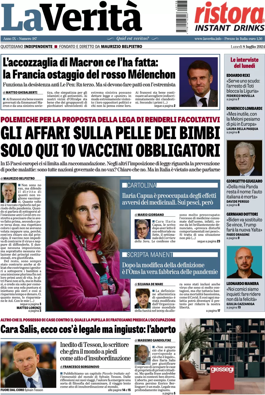 anteprima della prima pagina di la-verit del 08/07/2024