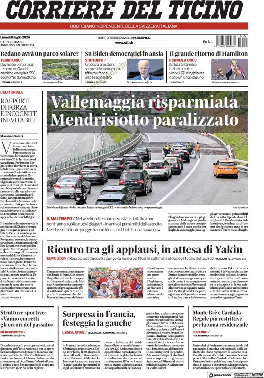 anteprima della prima pagina di corriere-del-ticino del 08/07/2024