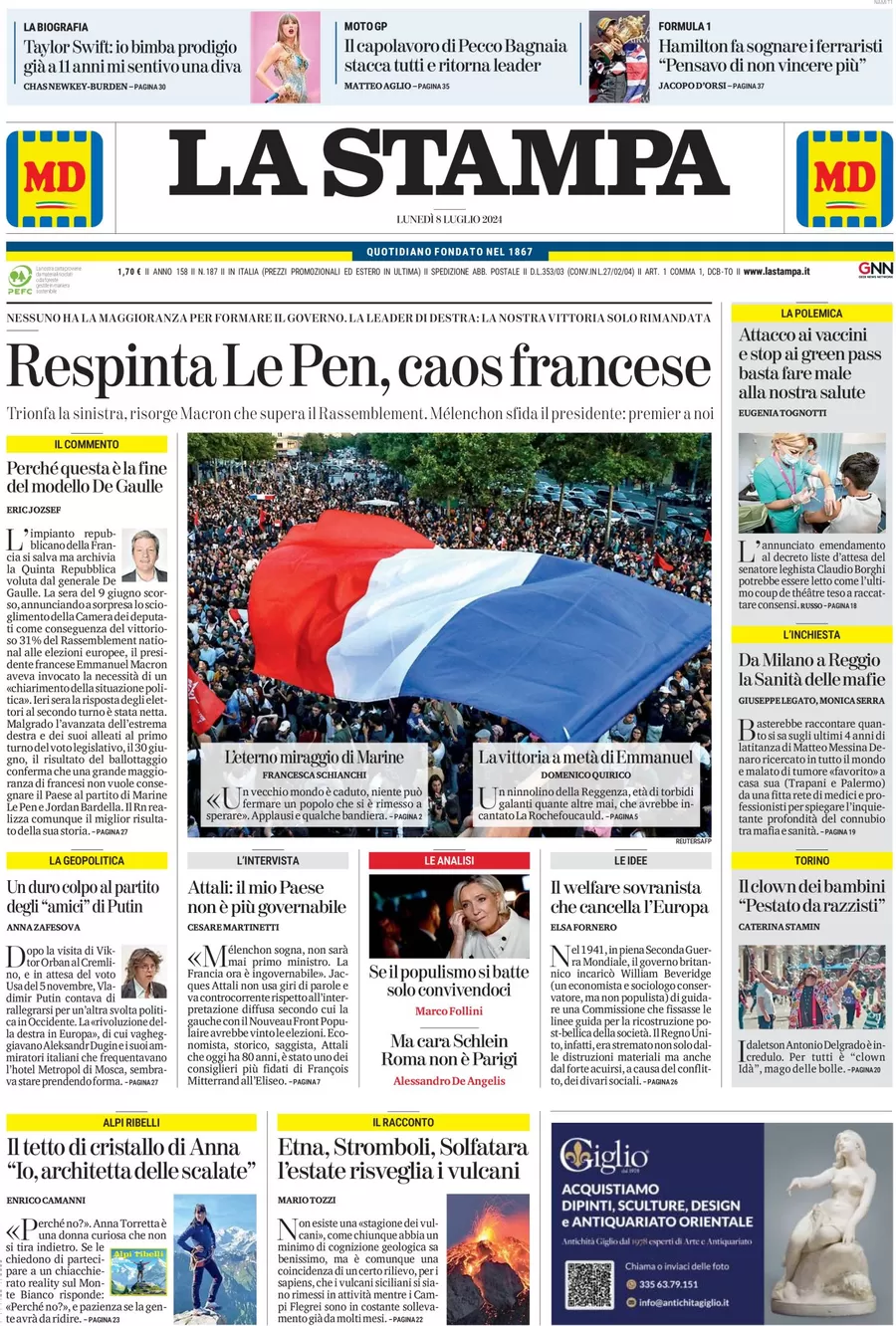 anteprima della prima pagina di la-stampa del 08/07/2024