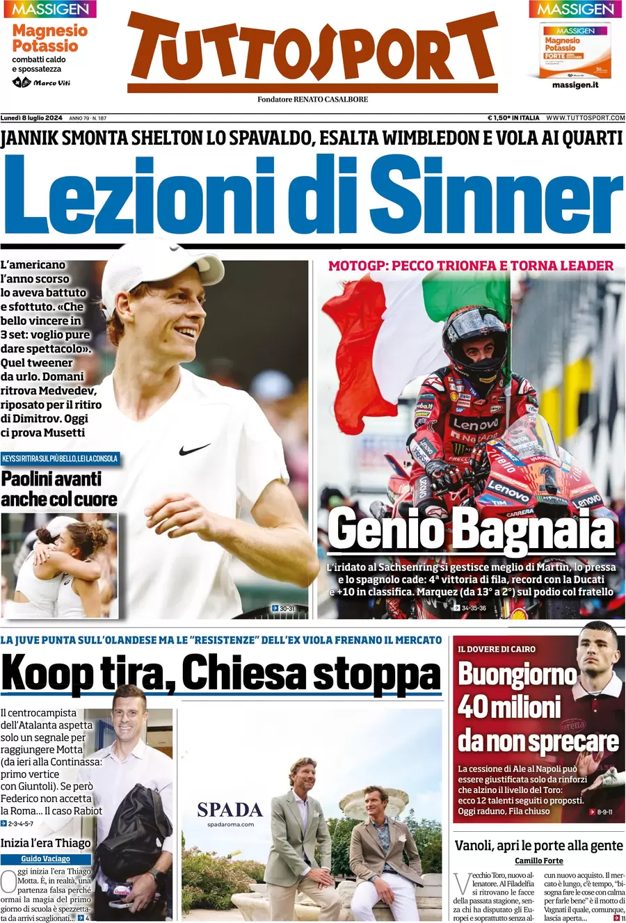 anteprima della prima pagina di tuttosport del 08/07/2024