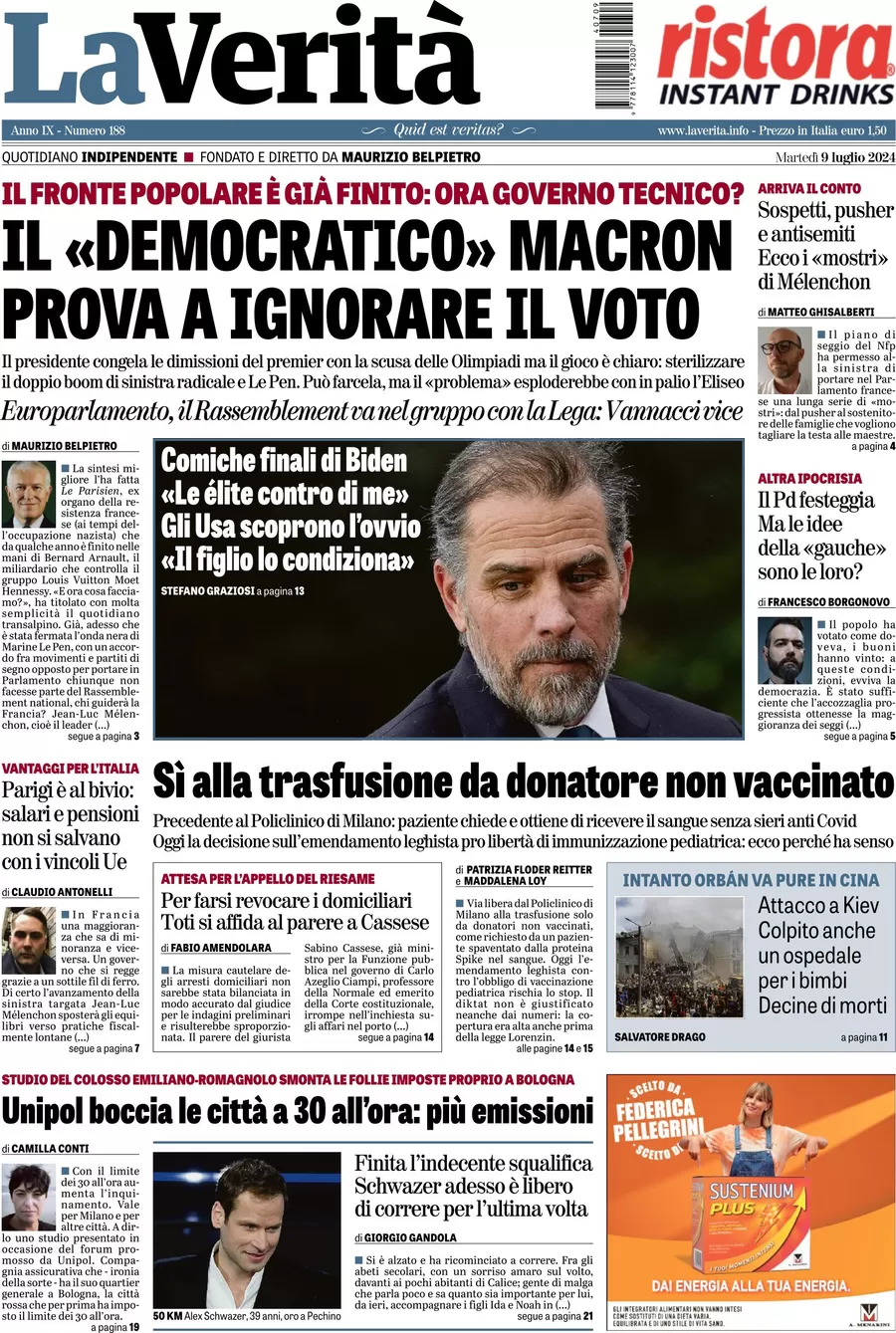 anteprima della prima pagina di la-verit del 09/07/2024