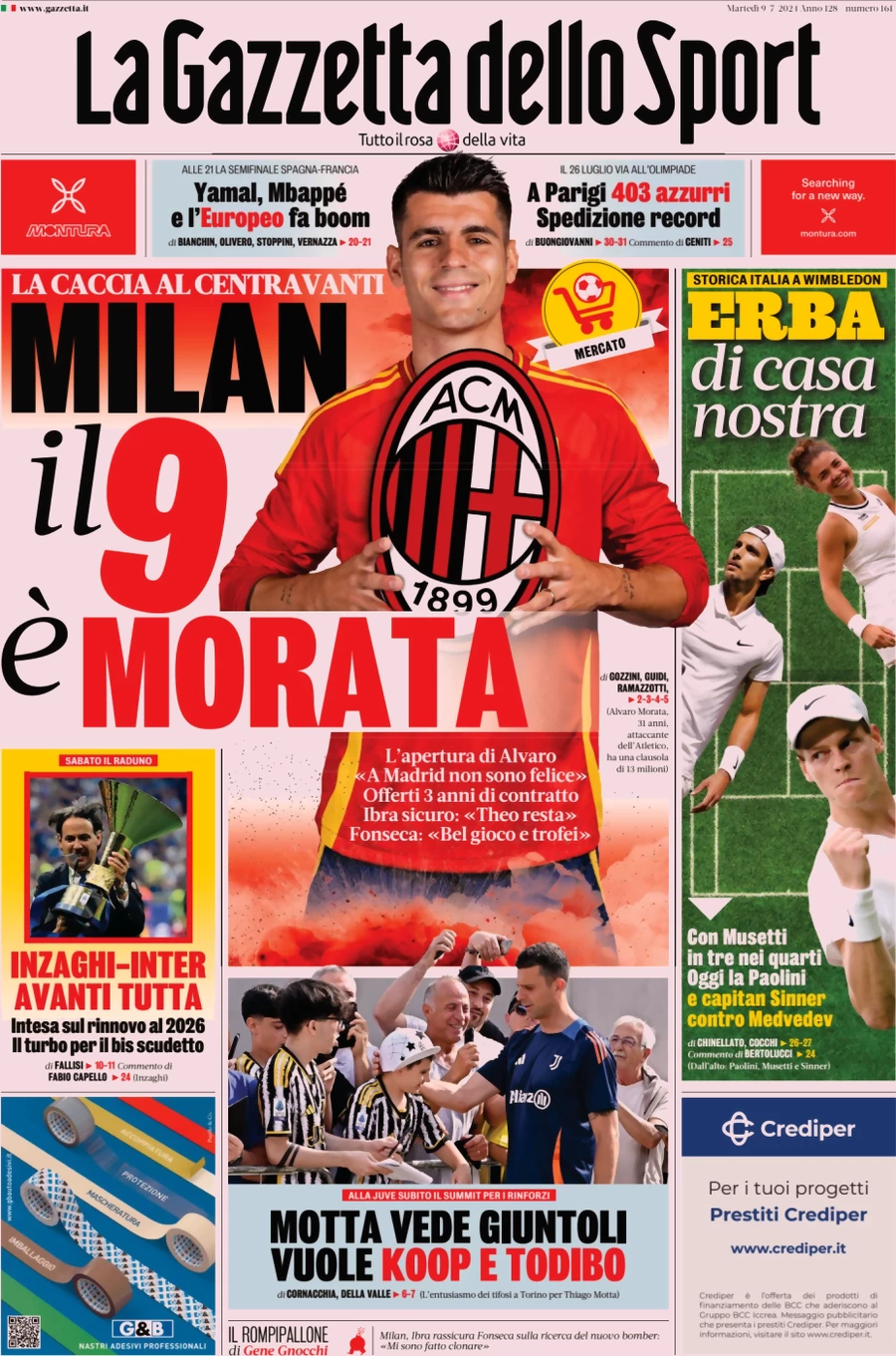 anteprima della prima pagina di la-gazzetta-dello-sport del 09/07/2024