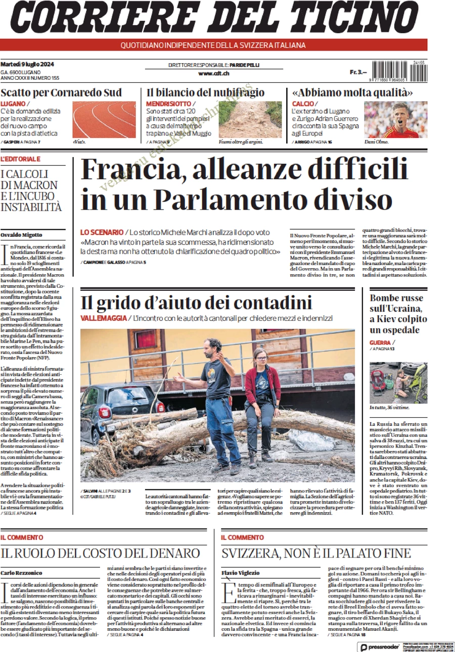 anteprima della prima pagina di corriere-del-ticino del 09/07/2024