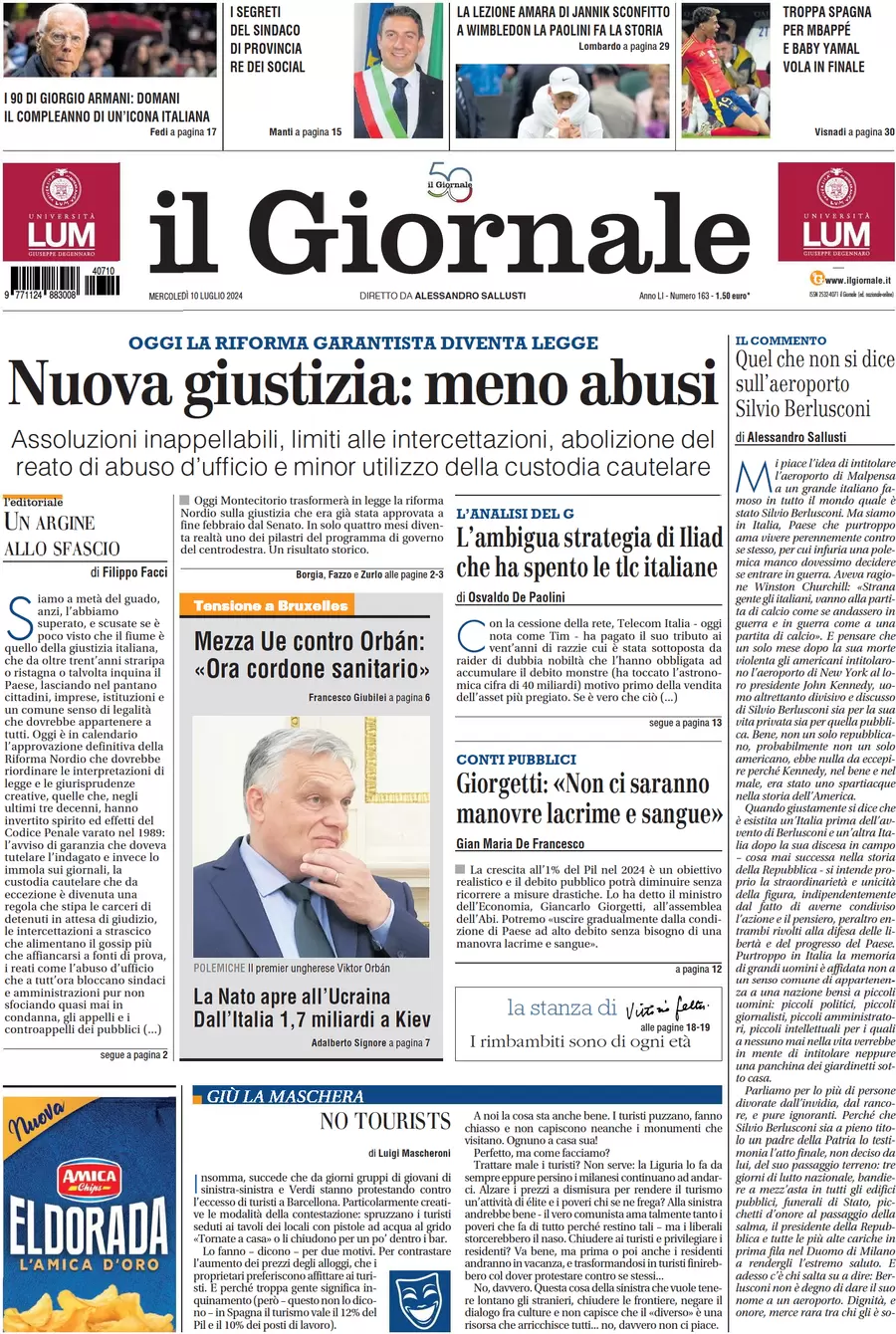 anteprima della prima pagina di il-giornale del 10/07/2024