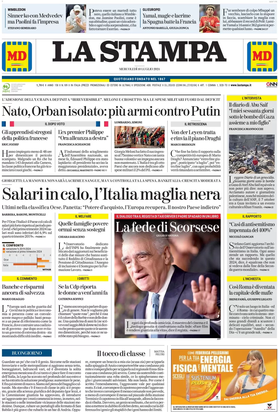 anteprima della prima pagina di la-stampa del 10/07/2024