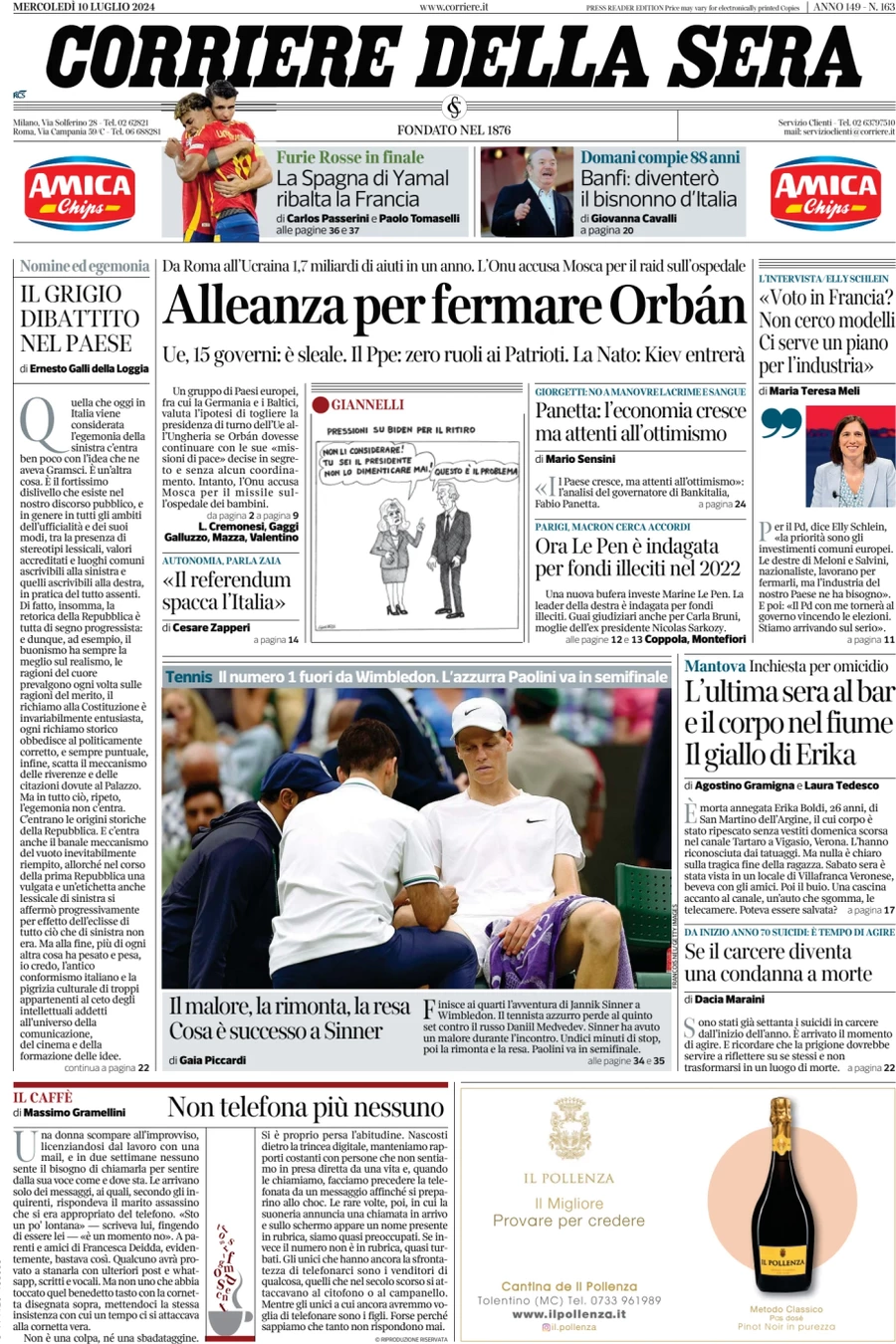 anteprima della prima pagina di corriere-della-sera del 10/07/2024