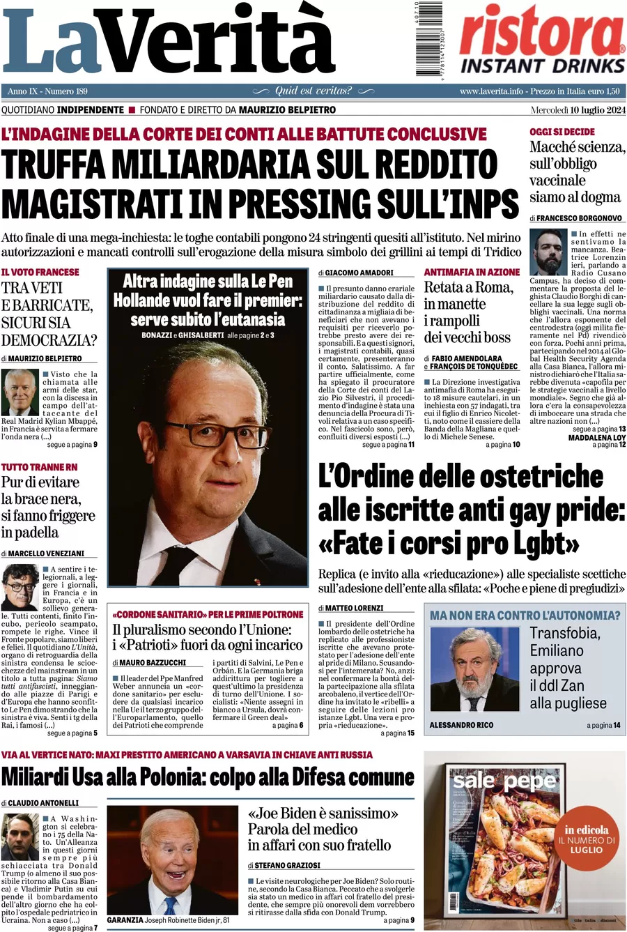 anteprima della prima pagina di la-verit del 10/07/2024