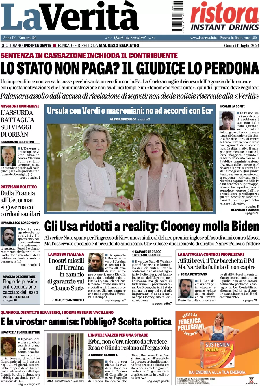 anteprima della prima pagina di la-verit del 11/07/2024