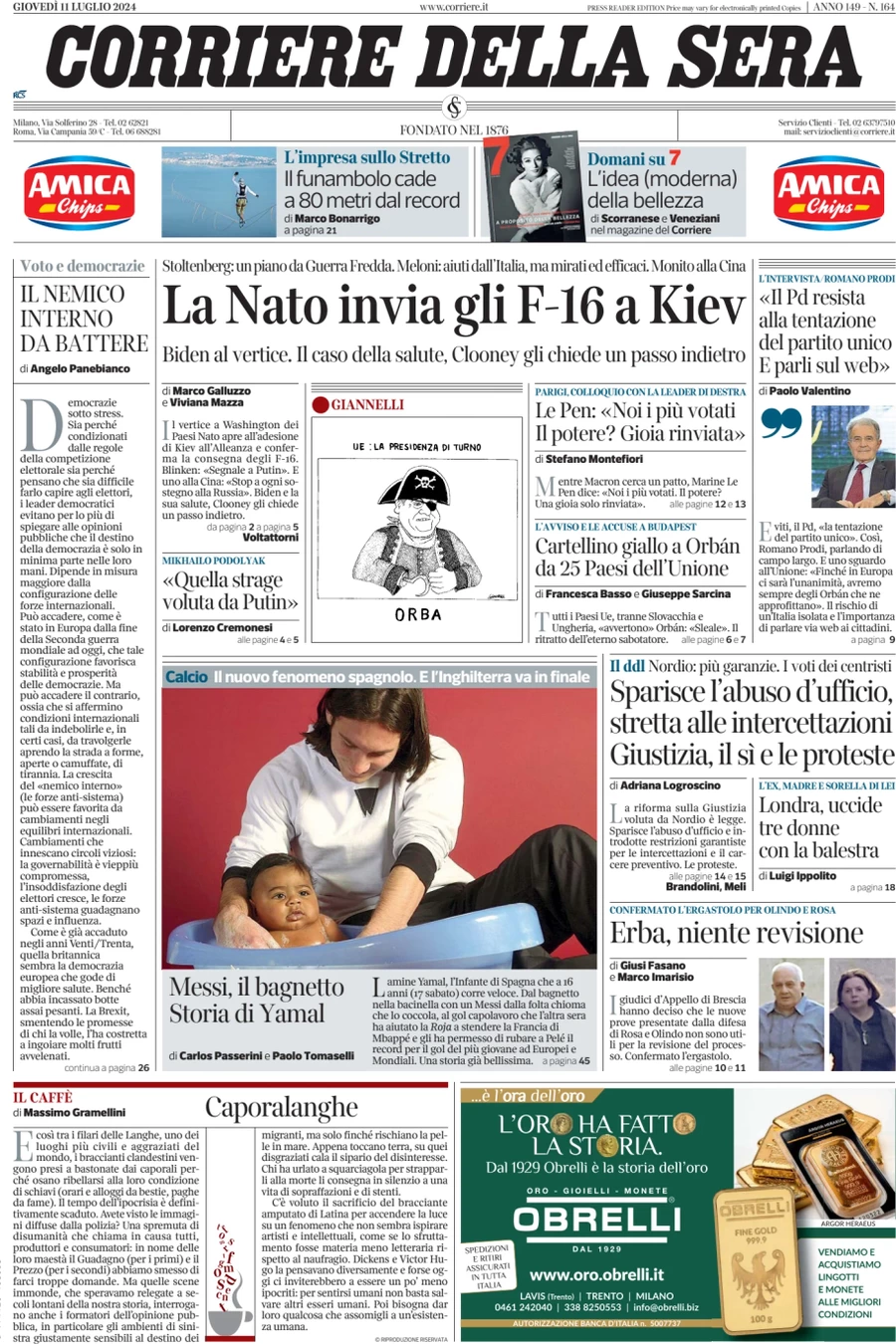 anteprima della prima pagina di corriere-della-sera del 11/07/2024