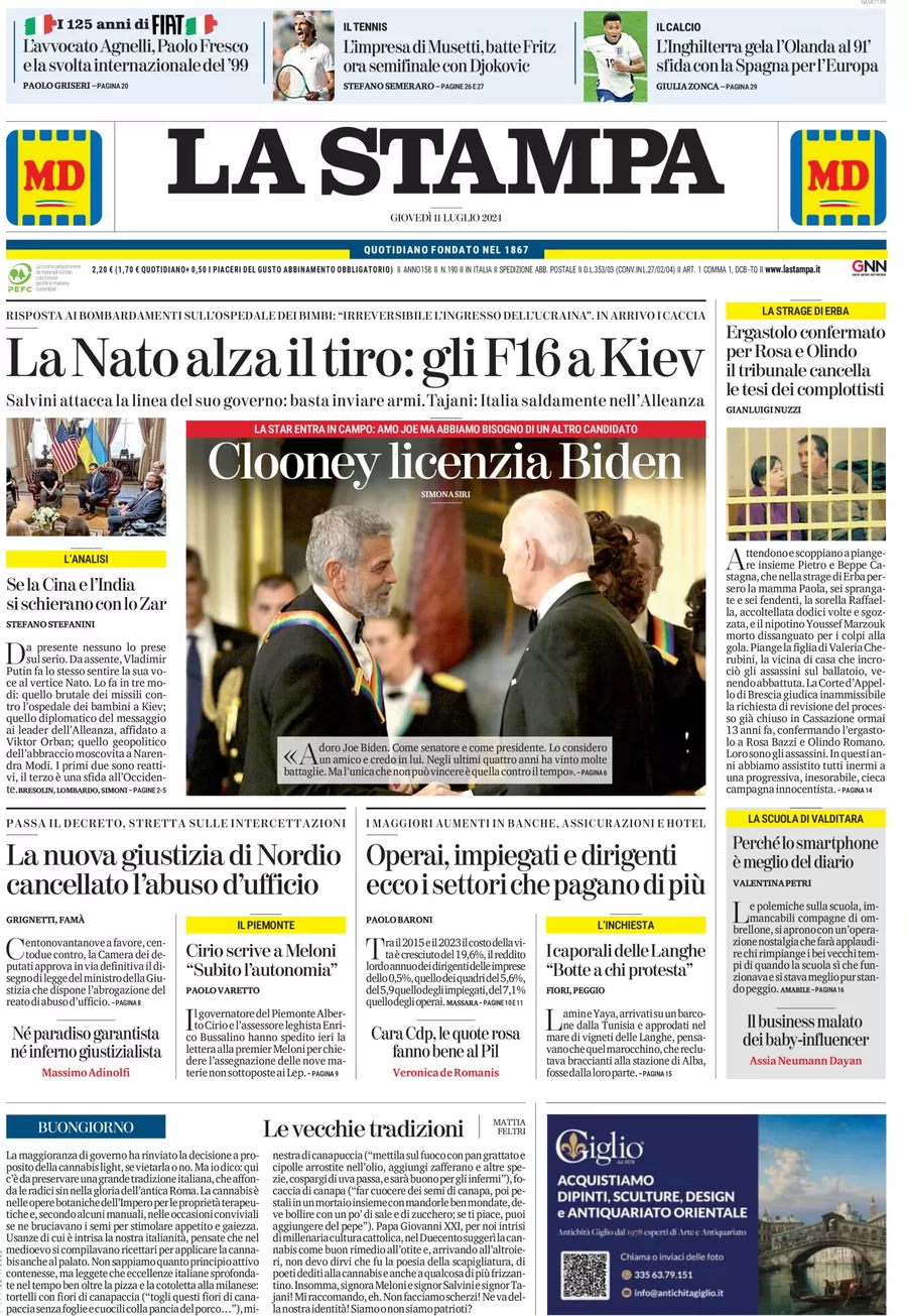 anteprima della prima pagina di la-stampa del 11/07/2024