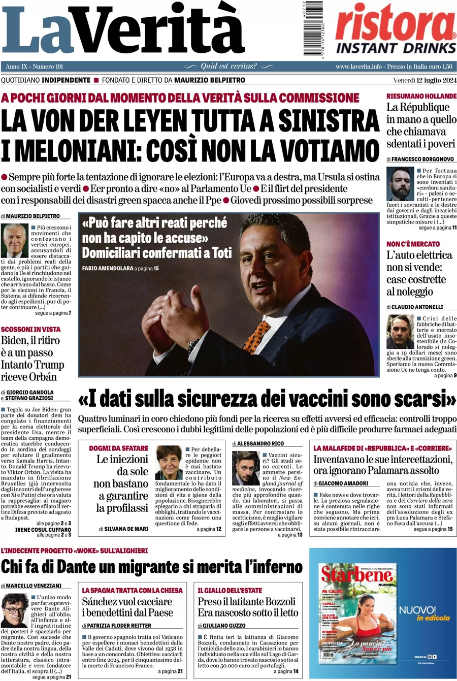 anteprima della prima pagina di la-verit del 12/07/2024