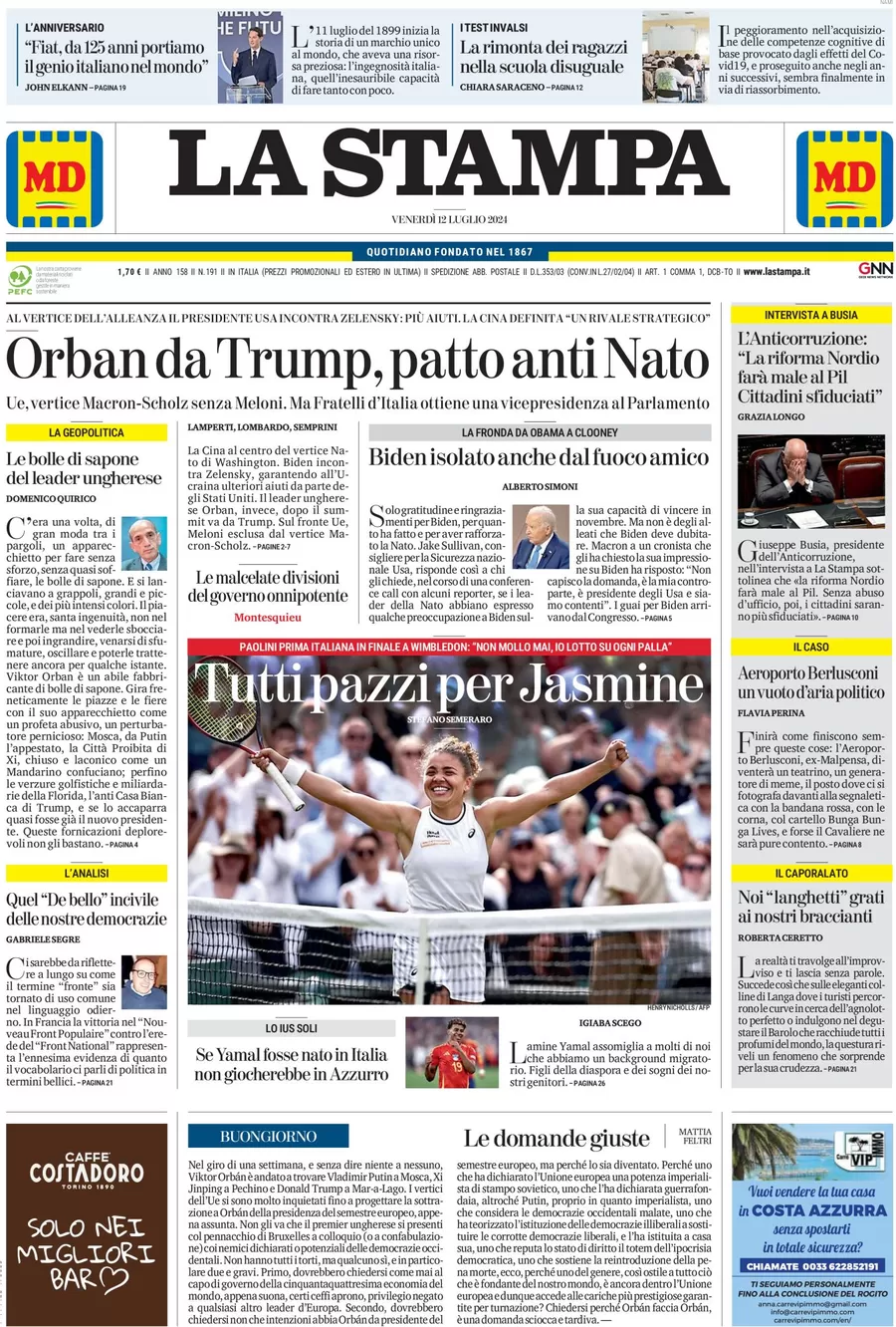 anteprima della prima pagina di la-stampa del 12/07/2024