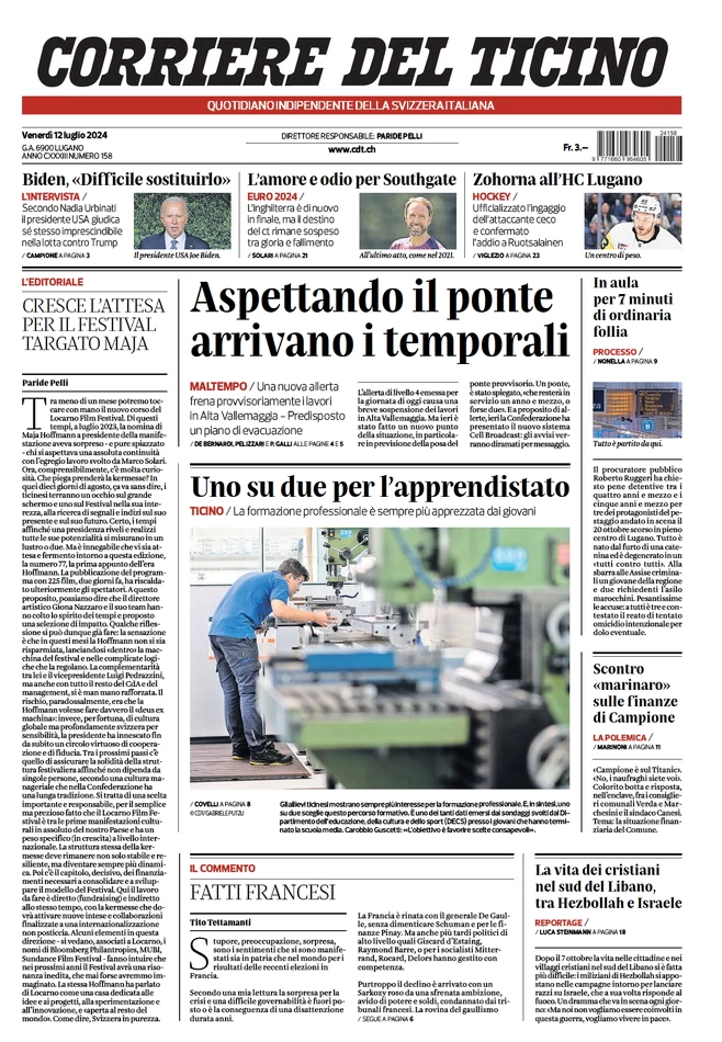 anteprima della prima pagina di corriere-del-ticino del 12/07/2024