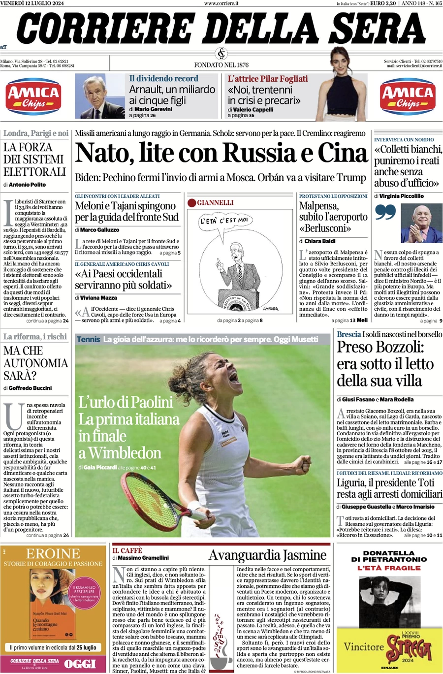 anteprima della prima pagina di corriere-della-sera del 12/07/2024