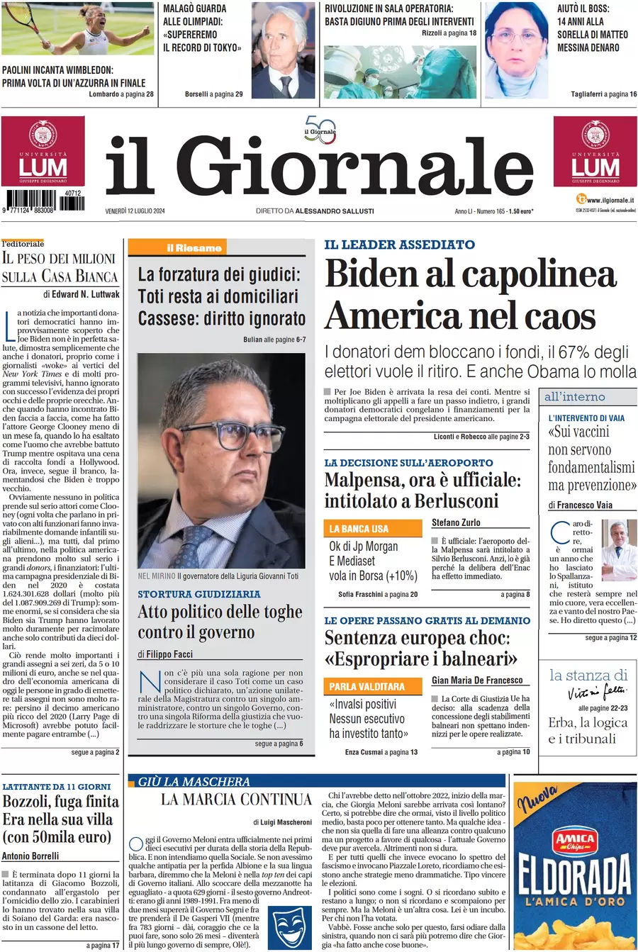 anteprima della prima pagina di il-giornale del 12/07/2024