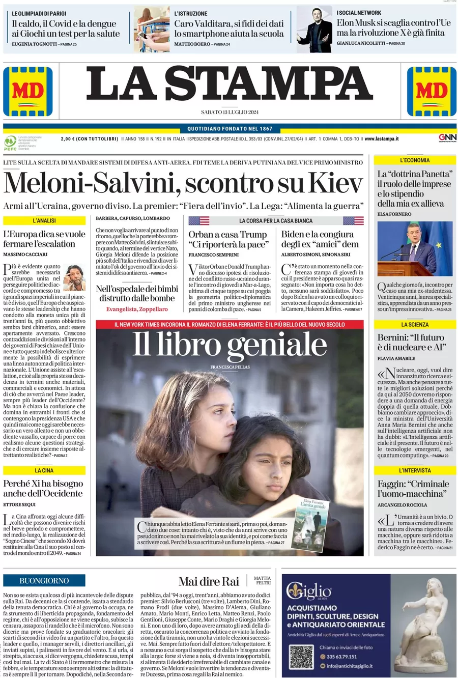 anteprima della prima pagina di la-stampa del 13/07/2024