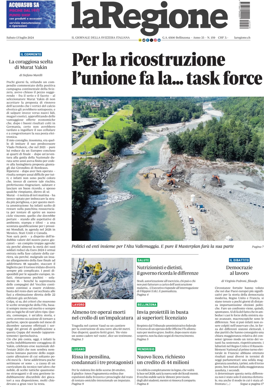 anteprima della prima pagina di la-regione del 13/07/2024