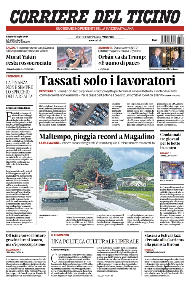 anteprima della prima pagina di corriere-del-ticino del 13/07/2024