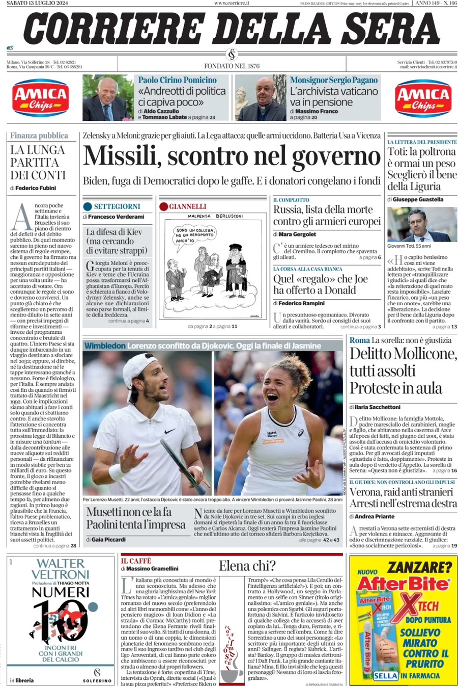 anteprima della prima pagina di corriere-della-sera del 13/07/2024