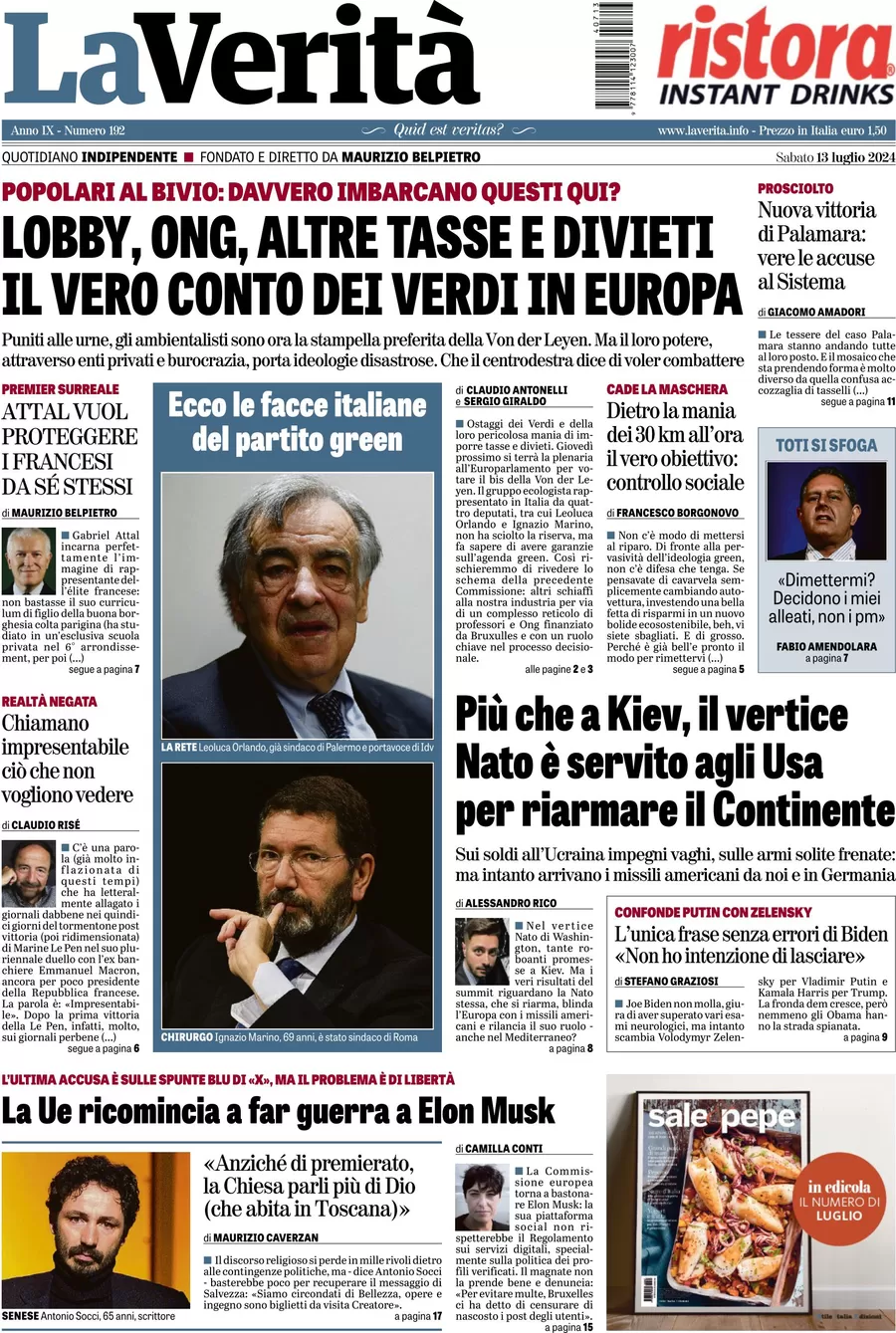 anteprima della prima pagina di la-verit del 13/07/2024