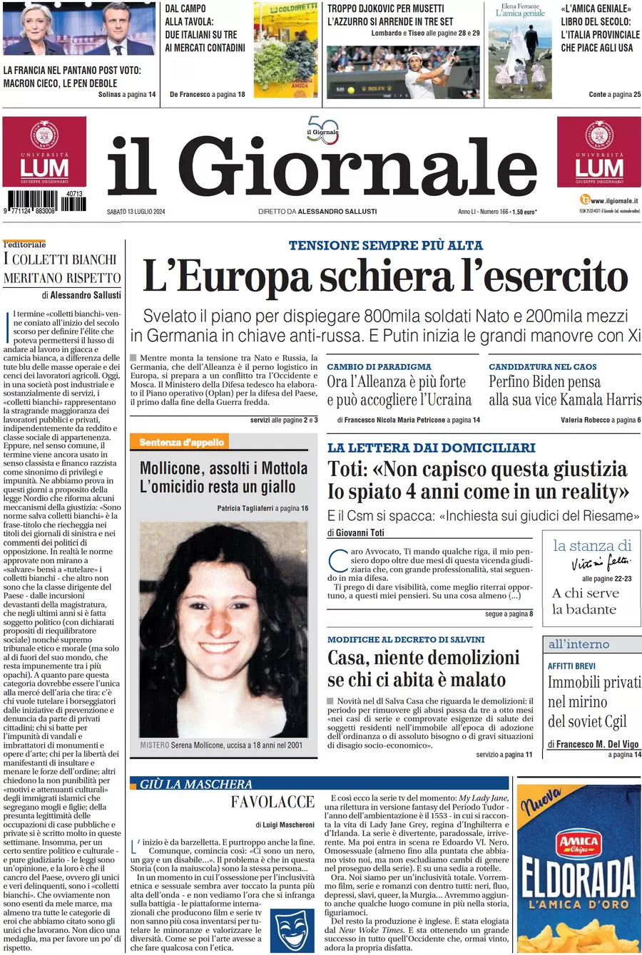 anteprima della prima pagina di il-giornale del 13/07/2024