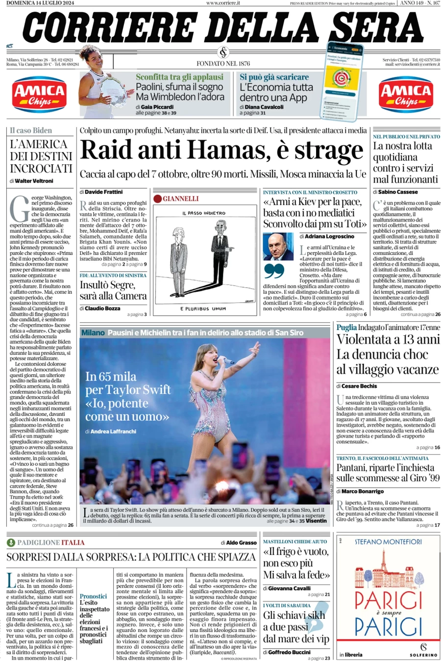 anteprima della prima pagina di corriere-della-sera del 14/07/2024