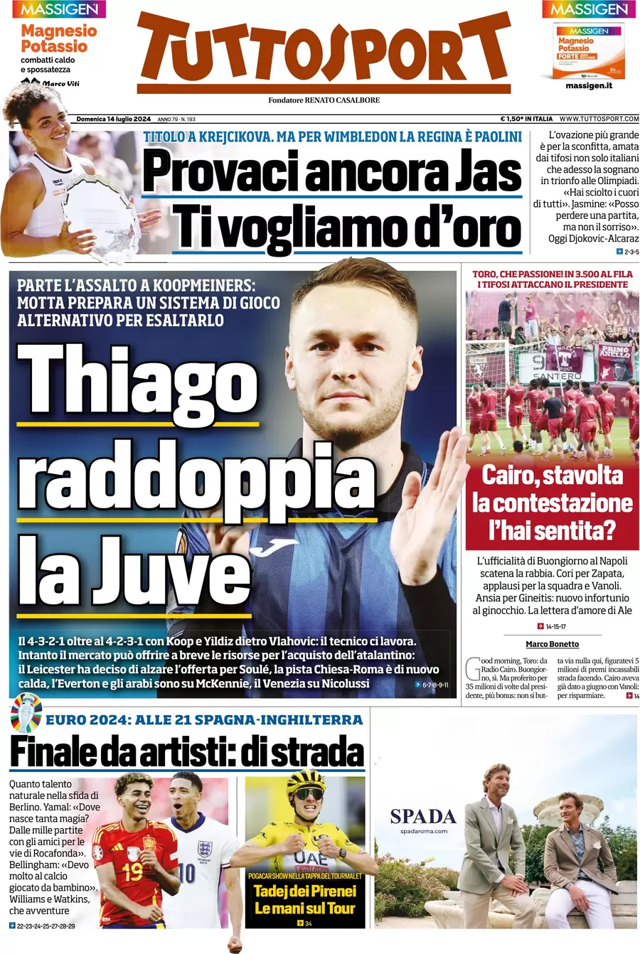 anteprima della prima pagina di tuttosport del 14/07/2024