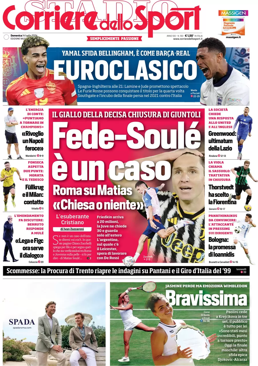 anteprima della prima pagina di corriere-dello-sport del 14/07/2024