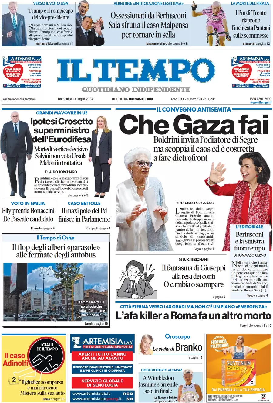 anteprima della prima pagina di il-tempo del 14/07/2024