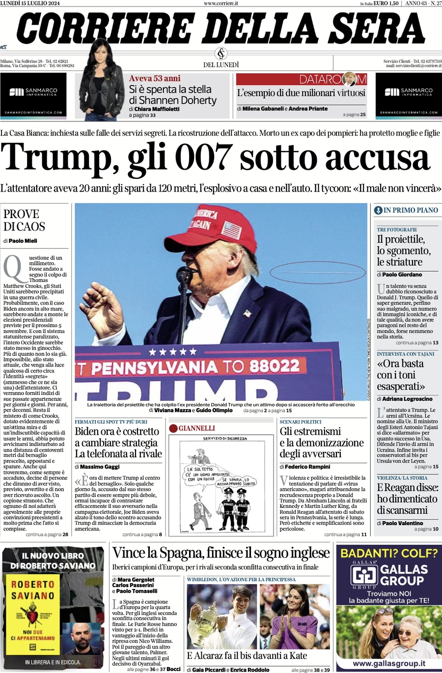 anteprima della prima pagina di corriere-della-sera del 15/07/2024